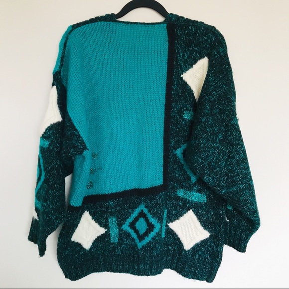 Susann D Vintage Teal Geometric Shapes Sweater L - Picture 3 of 14